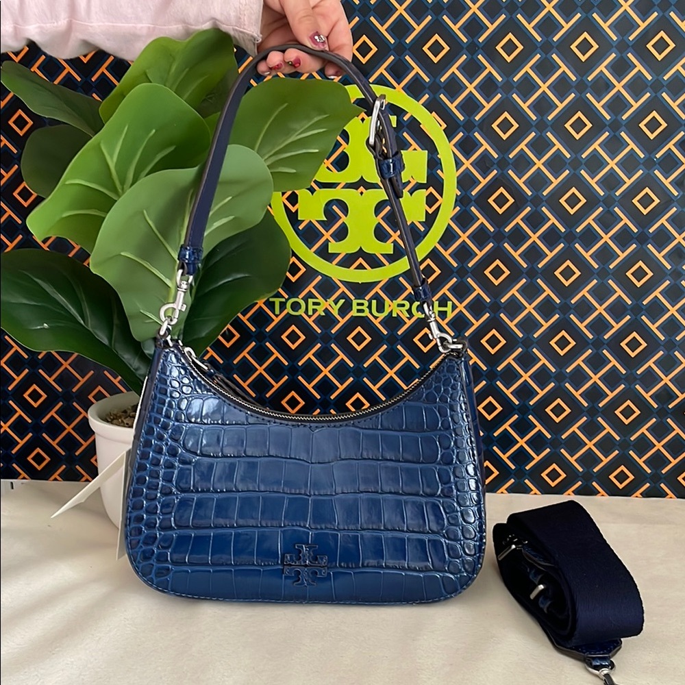 Tory Burch Blue Croc-Embossed convertible Women's crossbody Bag 2 straps - Picture 4 of 16